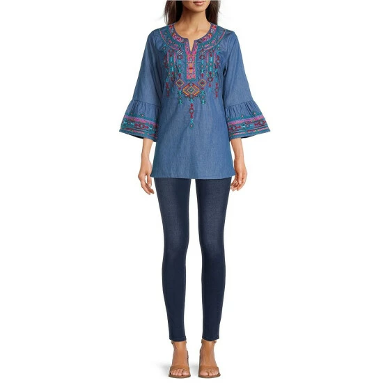 Wholesale ✔️ Calessa Embroidered Denim 3/4 Bell Cuff Sleeve Split Round Neck Top Indigo Multi 🔔 - Image 3