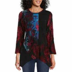 Best Pirce 🥰 Calessa Petite Size Patchwork Tie Dye Burnout Knit Jewel Neck 3/4 Sleeve Sharkbite Hem Tunic Black Multi 👍