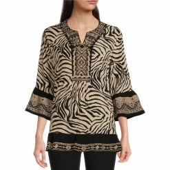 Discount 😀 Calessa Embroidery Trim Zebra Print 3/4 Bell Sleeve Split V-Neck Flare Hem Top Black Sand Multi 🧨