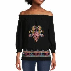 Wholesale ✨ Calessa Petite Size 3/4 Sleeve Embroidered Smocked Off-the-Shoulder Fringe Hem Peasant Top Black Multi 👍