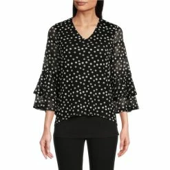 Wholesale 🎁 Calessa Hilo Mesh Knit Dotted Print V-Neck 3/4 Tiered Double Ruffle Cuff Sleeve Top Black Multi 😀