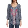 Budget 🔔 Calessa Petite Size Printed Crinkle Floral Embroidered Split Round Neck Tassel Tie 3/4 Sleeve Tunic Blue Multi 👏