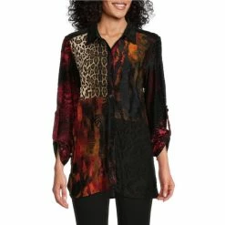 Brand new 🔥 Calessa Petite Size Knit Patchwork Animal Print Point Collar 3/4 Roll-Tab Sleeve Button Front Tunic Gold Multi ⌛