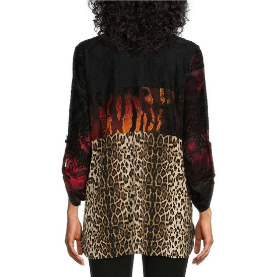 Brand new 🔥 Calessa Petite Size Knit Patchwork Animal Print Point Collar 3/4 Roll-Tab Sleeve Button Front Tunic Gold Multi ⌛ - Image 2