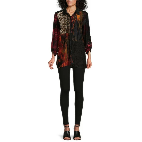 Brand new 🔥 Calessa Petite Size Knit Patchwork Animal Print Point Collar 3/4 Roll-Tab Sleeve Button Front Tunic Gold Multi ⌛ - Image 3