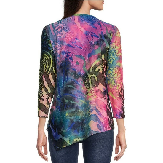 Best Pirce 💯 Calessa Petite Size Burnout Tie Dye Print Jewel Neck Long Sleeve Asymmetric Hem Tunic Black Multi 💯 - Image 2