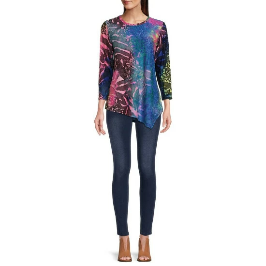 Best Pirce 💯 Calessa Petite Size Burnout Tie Dye Print Jewel Neck Long Sleeve Asymmetric Hem Tunic Black Multi 💯 - Image 3