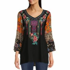 Promo 😍 Calessa Floral Patchwork Print 3/4 Sleeve V-Neck Top Black Multi ⭐