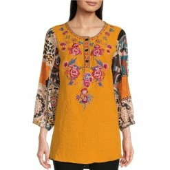 Cheap 🥰 Calessa Patchwork Embroidered 3/4 Sleeve Jewel Neck Top Gold Multi 🤩