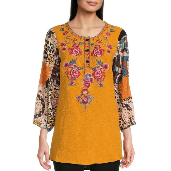 Cheap 🥰 Calessa Patchwork Embroidered 3/4 Sleeve Jewel Neck Top Gold Multi 🤩