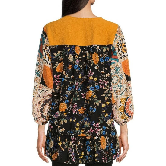Cheap 🥰 Calessa Patchwork Embroidered 3/4 Sleeve Jewel Neck Top Gold Multi 🤩 - Image 2