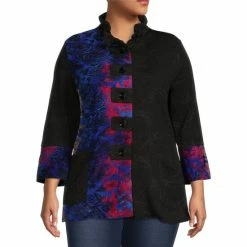 Hot Sale π Calessa Plus Size Tie Dye Burnout Print Wire Collar Long Flare Sleeve Button Front Pocketed Tunic Cobalt Multi β€οΈ
