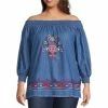 Top 10 🛒 Calessa Plus Size Smocked Off-the-Shoulder 3/4 Sleeve Embroidered Denim Peasant Top Indigo Multi 🔥