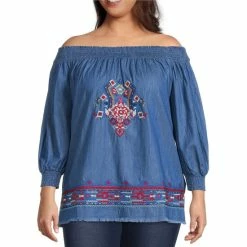 Top 10 🛒 Calessa Plus Size Smocked Off-the-Shoulder 3/4 Sleeve Embroidered Denim Peasant Top Indigo Multi 🔥