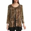 Best deal ⌛ Calessa Petite Size Cheetah Print Two-Fer 3/4 Sleeve Scoop Neck Zipper Detail Knit Top Black Multi 🧨