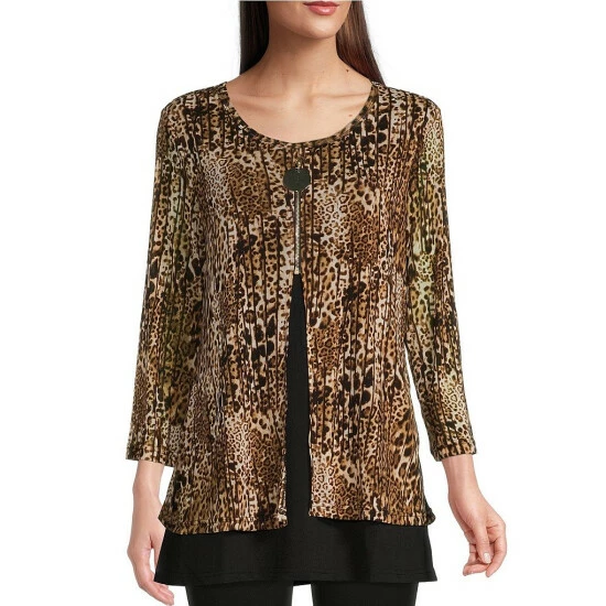 Best deal โ Calessa Petite Size Cheetah Print Two-Fer 3/4 Sleeve Scoop Neck Zipper Detail Knit Top Black Multi ๐งจ