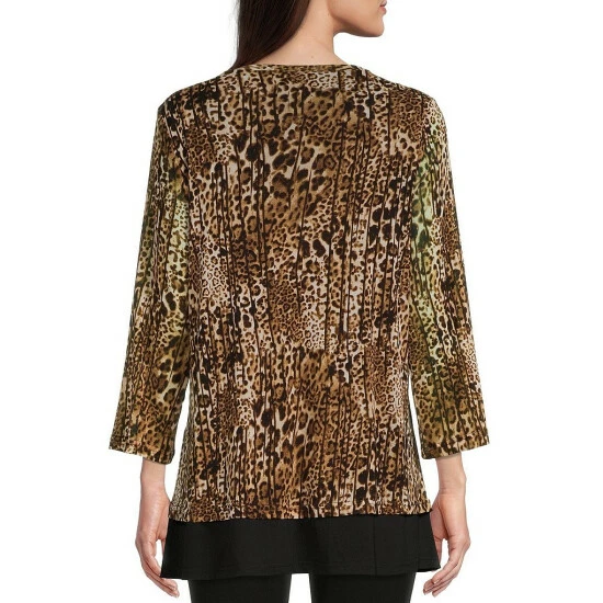 Best deal โ Calessa Petite Size Cheetah Print Two-Fer 3/4 Sleeve Scoop Neck Zipper Detail Knit Top Black Multi ๐งจ - Image 2