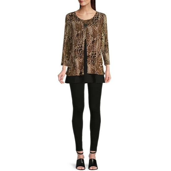 Best deal โ Calessa Petite Size Cheetah Print Two-Fer 3/4 Sleeve Scoop Neck Zipper Detail Knit Top Black Multi ๐งจ - Image 3