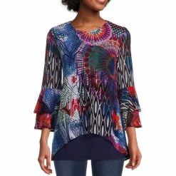 Discount ⌛ Calessa Printed Abstract Mosaic Print 3/4 Double Tiered Sleeve Jewel Neck Mesh Knit Top Blue Multi ❤️