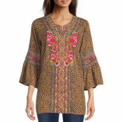 Best deal 🥰 Calessa Embroidered Animal Printed 3/4 Sleeve Split Round Neck Top Black/sand Multi 😀