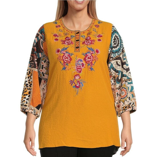 Wholesale π€© Calessa Plus Size Patchwork Embroidered 3/4 Sleeve Jewel Neck Tunic Gold Multi π