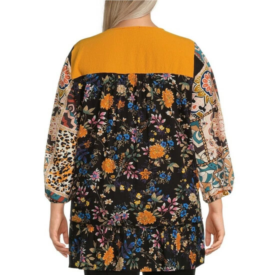 Wholesale π€© Calessa Plus Size Patchwork Embroidered 3/4 Sleeve Jewel Neck Tunic Gold Multi π - Image 2