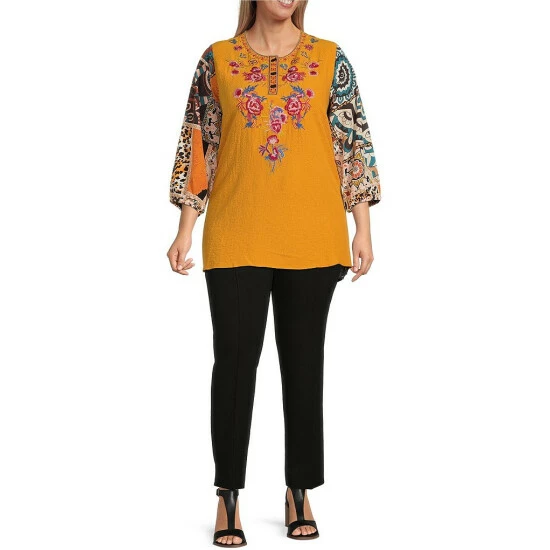 Wholesale π€© Calessa Plus Size Patchwork Embroidered 3/4 Sleeve Jewel Neck Tunic Gold Multi π - Image 3