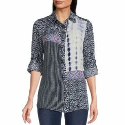 Brand new 🌟 Calessa Crinkle Mixed Patchwork Print Embroidered Point Collar 3/4 Roll-Tab Sleeve Button Front 👕 Shirt Blue Multi 😍