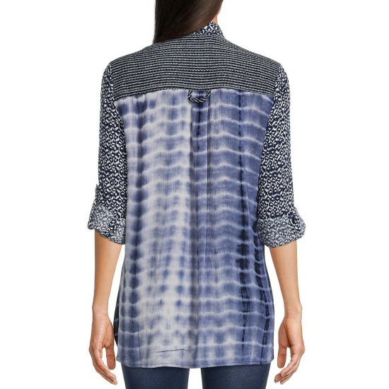 Brand new 🌟 Calessa Crinkle Mixed Patchwork Print Embroidered Point Collar 3/4 Roll-Tab Sleeve Button Front 👕 Shirt Blue Multi 😍 - Image 2