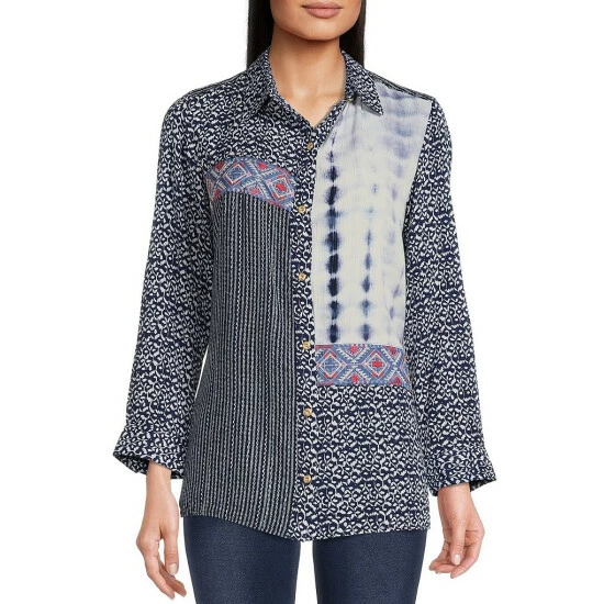 Brand new 🌟 Calessa Crinkle Mixed Patchwork Print Embroidered Point Collar 3/4 Roll-Tab Sleeve Button Front 👕 Shirt Blue Multi 😍 - Image 3