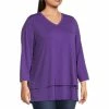 Deals 🔔 Calessa Plus Size Matte Jersey V-Neck 3/4 Sleeve Side Button Trim Tiered Hem Tunic Purple ⭐