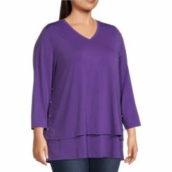 Deals 🔔 Calessa Plus Size Matte Jersey V-Neck 3/4 Sleeve Side Button Trim Tiered Hem Tunic Purple ⭐