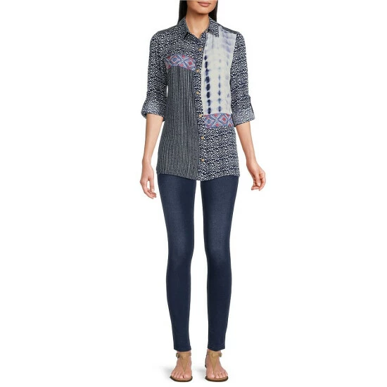 Brand new 🌟 Calessa Crinkle Mixed Patchwork Print Embroidered Point Collar 3/4 Roll-Tab Sleeve Button Front 👕 Shirt Blue Multi 😍 - Image 5