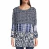 Wholesale 😀 Calessa Petite Size Printed Crinkle Patchwork 3/4 Sleeve Round Neck Tunic Blue Multi 🥰