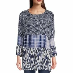 Wholesale 😀 Calessa Petite Size Printed Crinkle Patchwork 3/4 Sleeve Round Neck Tunic Blue Multi 🥰