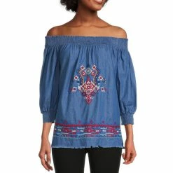 Budget 🎁 Calessa Petite Size Smocked Off-the-Shoulder 3/4 Sleeve Embroidered Denim Peasant Top Indigo Multi 😀