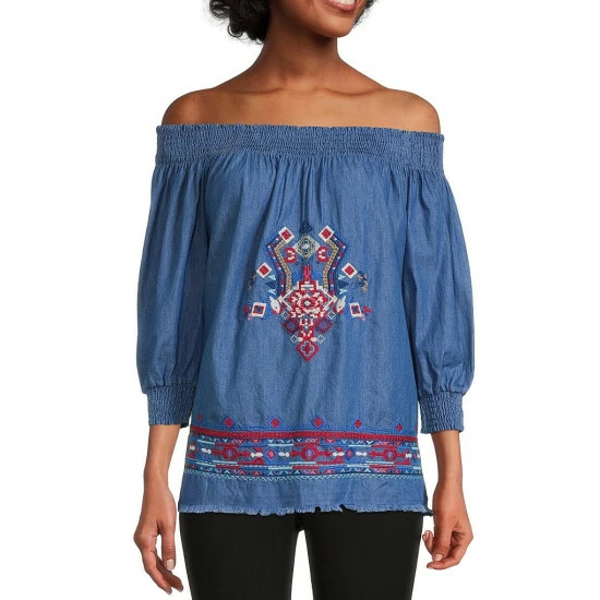 Budget 🎁 Calessa Petite Size Smocked Off-the-Shoulder 3/4 Sleeve Embroidered Denim Peasant Top Indigo Multi 😀