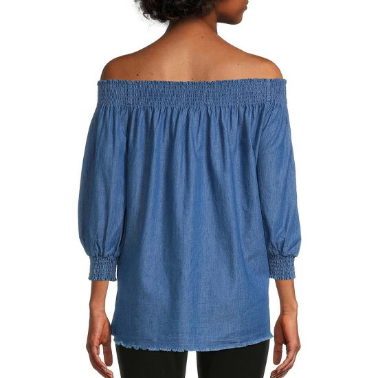 Budget 🎁 Calessa Petite Size Smocked Off-the-Shoulder 3/4 Sleeve Embroidered Denim Peasant Top Indigo Multi 😀 - Image 2