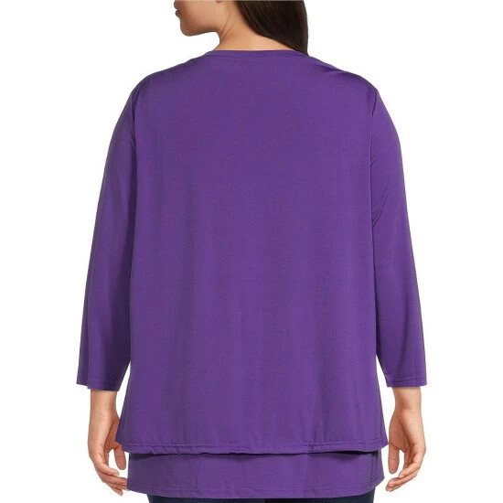 Deals π Calessa Plus Size Matte Jersey V-Neck 3/4 Sleeve Side Button Trim Tiered Hem Tunic Purple β - Image 2