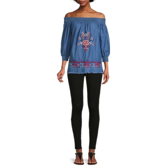 Budget 🎁 Calessa Petite Size Smocked Off-the-Shoulder 3/4 Sleeve Embroidered Denim Peasant Top Indigo Multi 😀 - Image 3