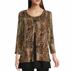 Best deal 💯 Calessa Cheetah Print Two-Fer Mesh Scoop Neck 3/4 Sleeve Zipper Detailed Knit Top Black Multi 🎁