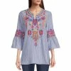 Best reviews of 👏 Calessa Embroidered Stripe 3/4 Bell Sleeve Split Round Neck Blouse Blue/white/multi 😉
