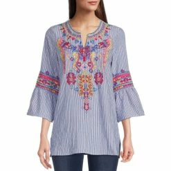 Best reviews of 👏 Calessa Embroidered Stripe 3/4 Bell Sleeve Split Round Neck Blouse Blue/white/multi 😉