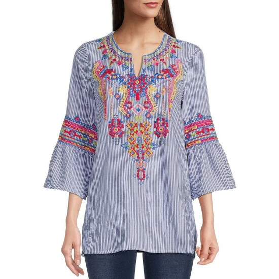 Best reviews of 👏 Calessa Embroidered Stripe 3/4 Bell Sleeve Split Round Neck Blouse Blue/white/multi 😉