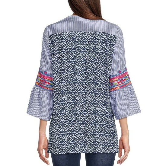 Best reviews of 👏 Calessa Embroidered Stripe 3/4 Bell Sleeve Split Round Neck Blouse Blue/white/multi 😉 - Image 2