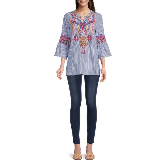 Best reviews of 👏 Calessa Embroidered Stripe 3/4 Bell Sleeve Split Round Neck Blouse Blue/white/multi 😉 - Image 3