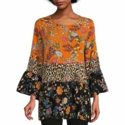 Cheap 👍 Calessa Petite Size Printed Patchwork Jewel Neck 3/4 Bell Cuff Sleeve Tiered Top Black Multi 🎉