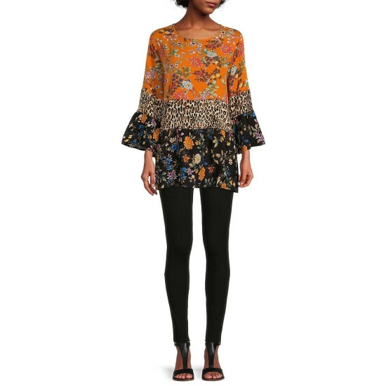 Cheap π Calessa Petite Size Printed Patchwork Jewel Neck 3/4 Bell Cuff Sleeve Tiered Top Black Multi π - Image 3