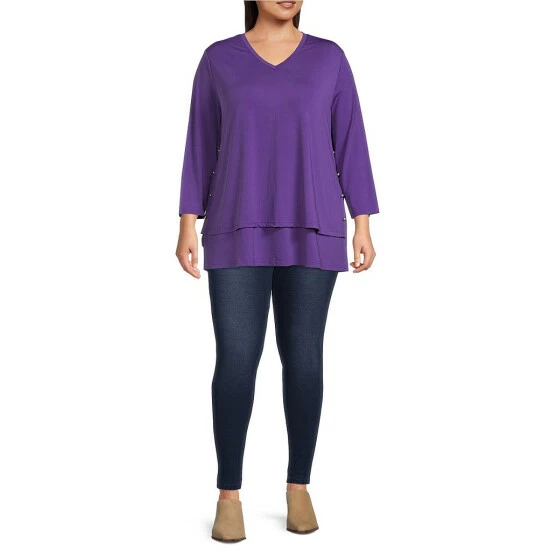 Deals π Calessa Plus Size Matte Jersey V-Neck 3/4 Sleeve Side Button Trim Tiered Hem Tunic Purple β - Image 3