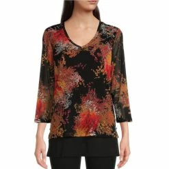 Top 10 😀 Calessa Autumn Print V-Neck 3/4 Sleeve Side Button Trimmed Double Layered Knit Blouse Black Multi 🧨